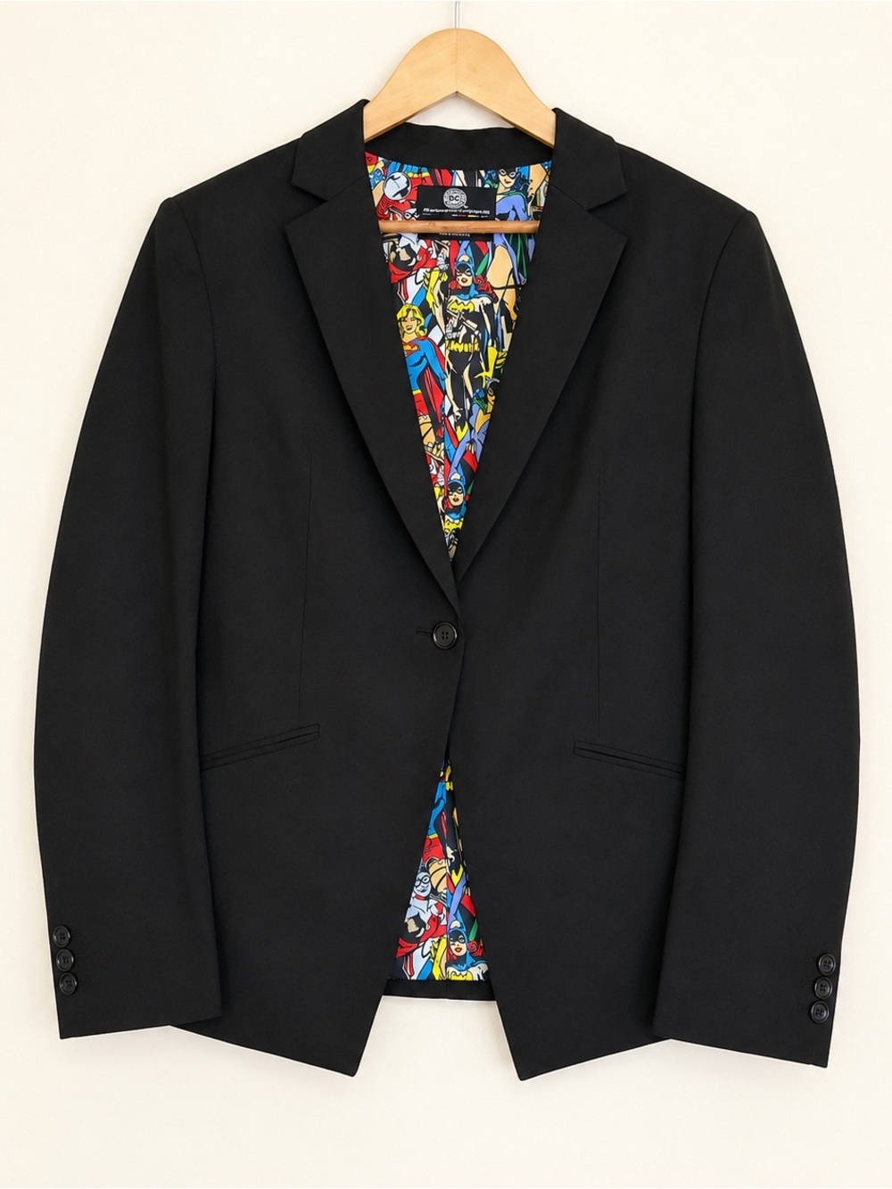 DC Comics Fun Suits Vintage Black Blazer Comic Character Print Lining Size 10